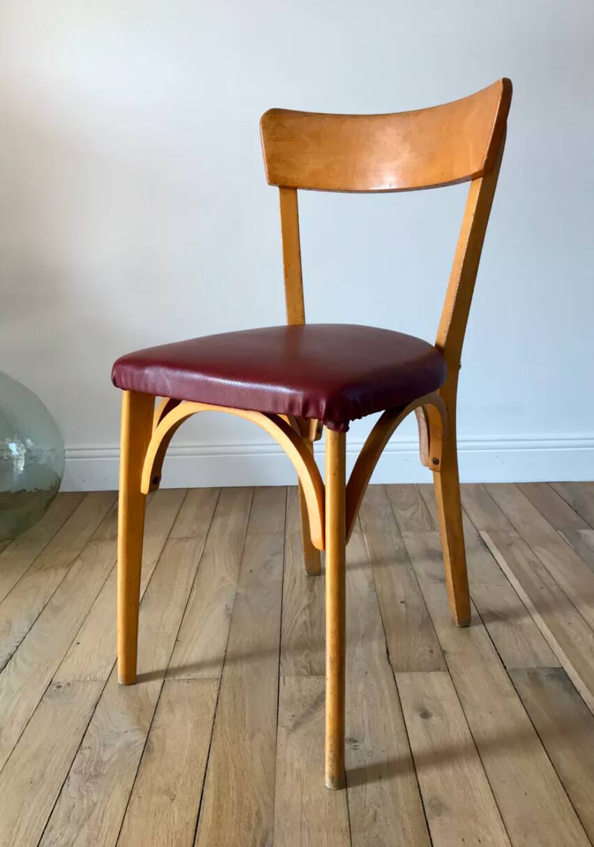 Set of 6 Luterma bistro chairs in blond wood and skaï 50s