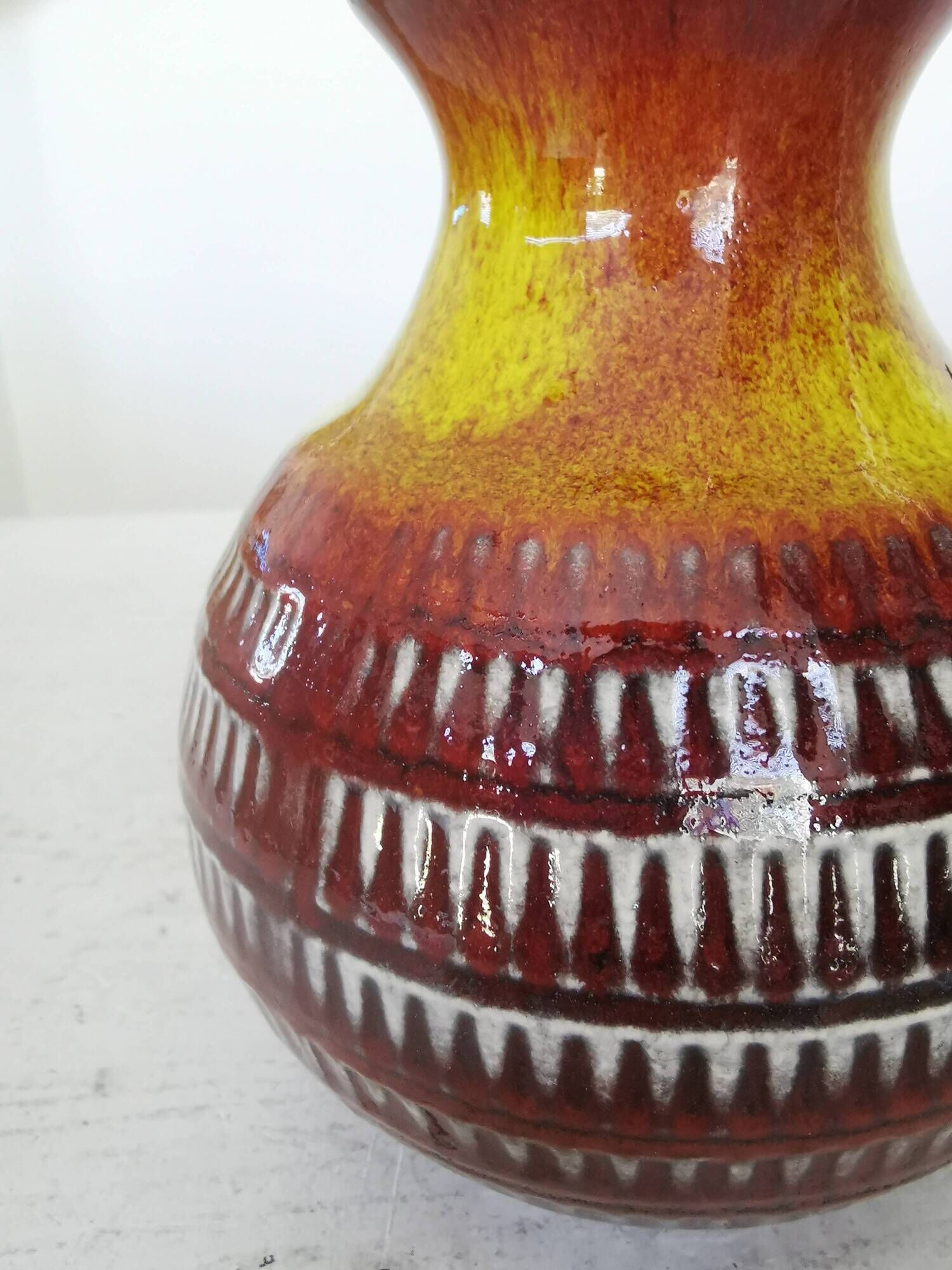 Vintage Scheurich Fat Lava Vase: West German Red & Yellow Pottery