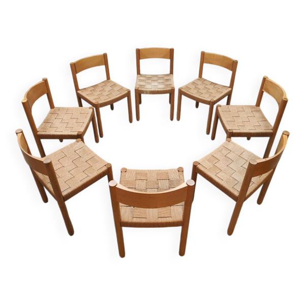 8 chaises vintage en corde et chêne