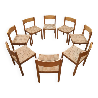 8 chaises vintage en corde et chêne