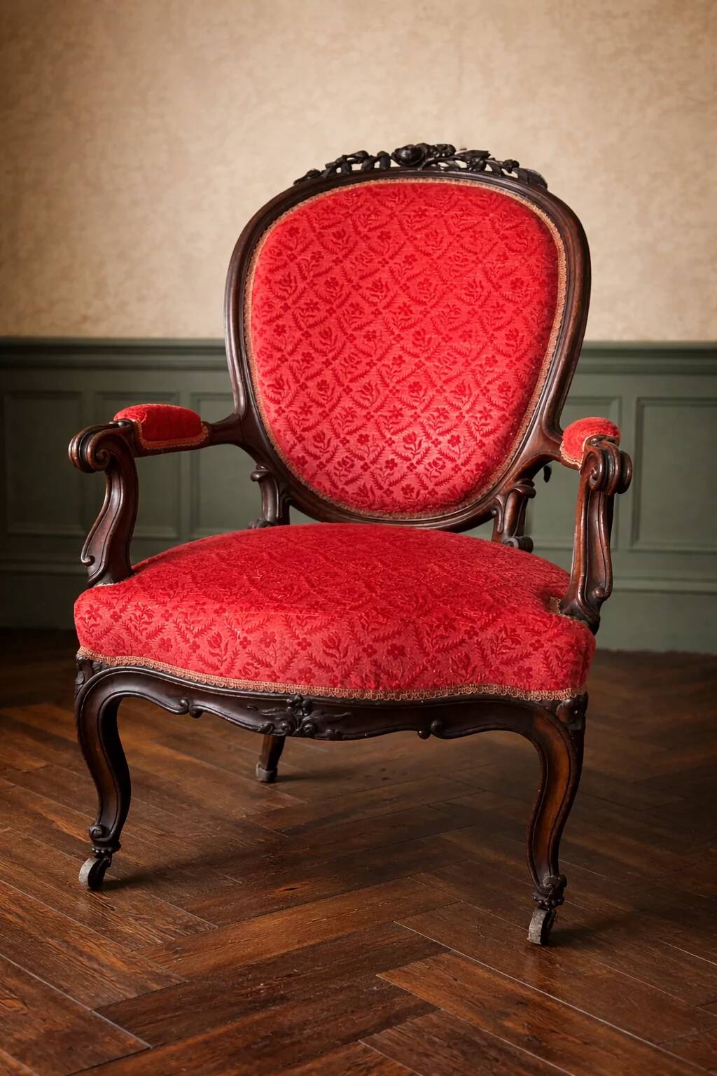 Napoleon III medallion armchair in carved wood and red velvet.