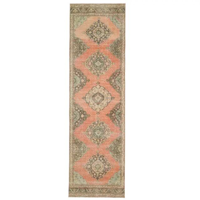 Tapis couloir vintage turc Oushak fait main en laine et coton orange des années 1970 112x402