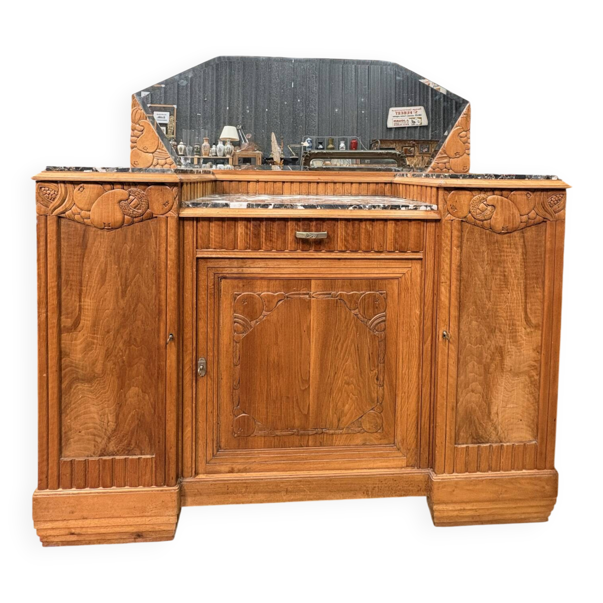 Art Deco buffet in carved walnut, marble and large mirror – 1930s
