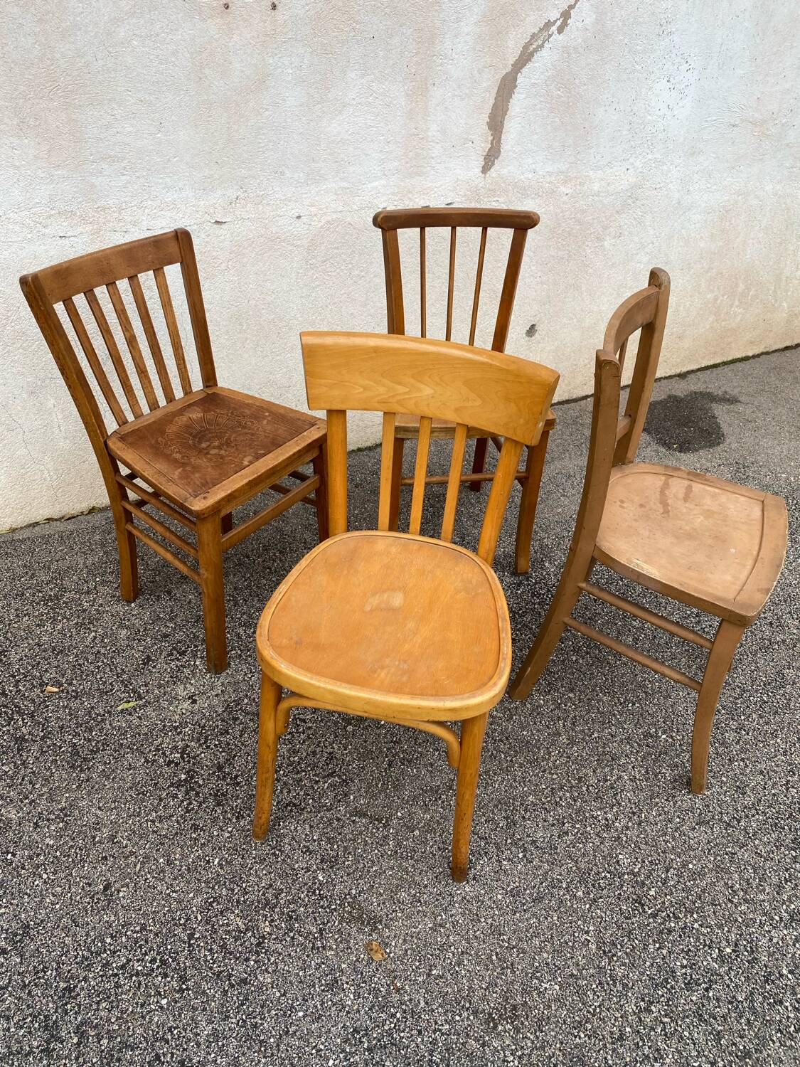 Set of 4 yellow mismatched bistro chairs