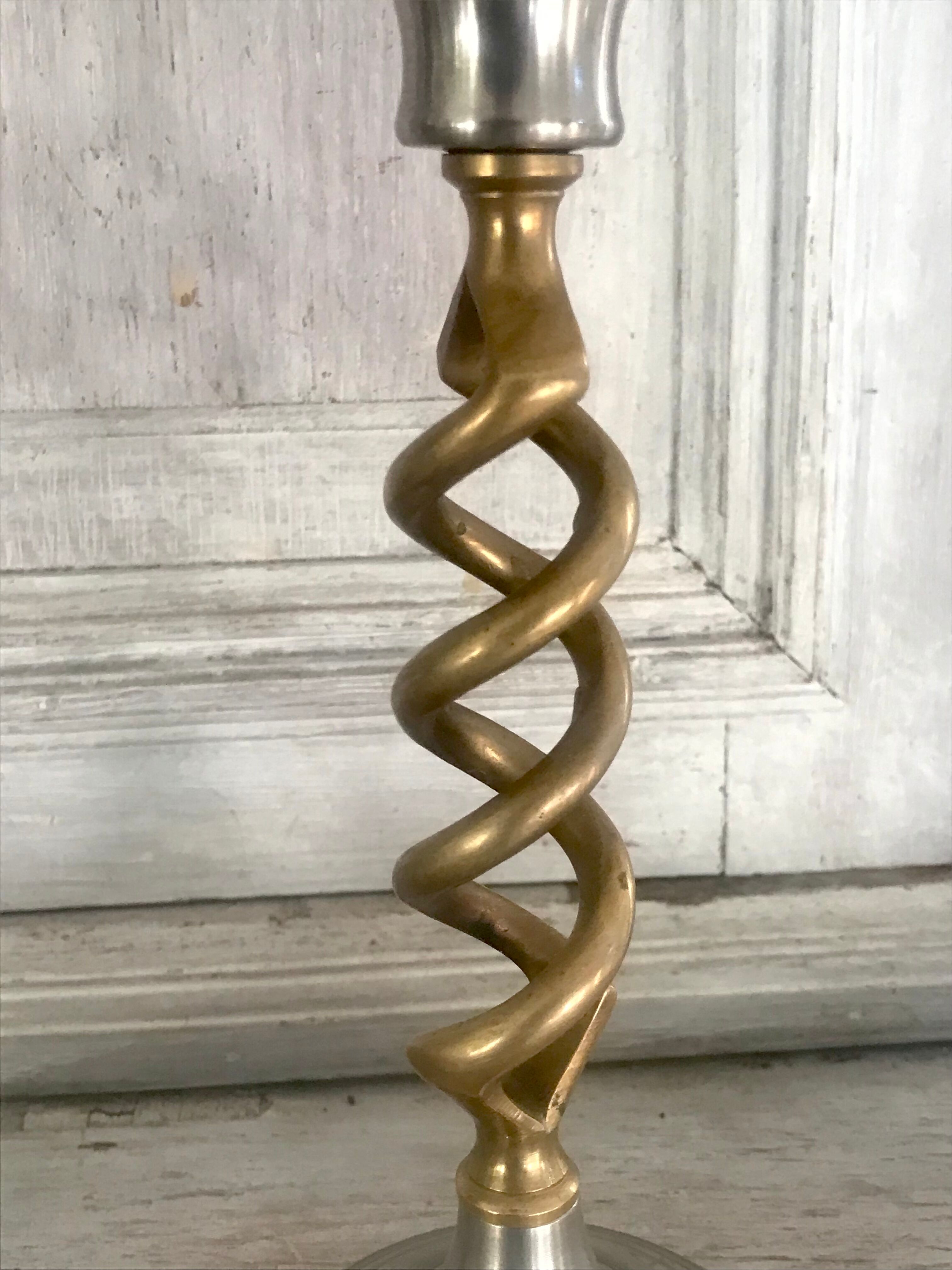 Pair of twisted brass candle holders
