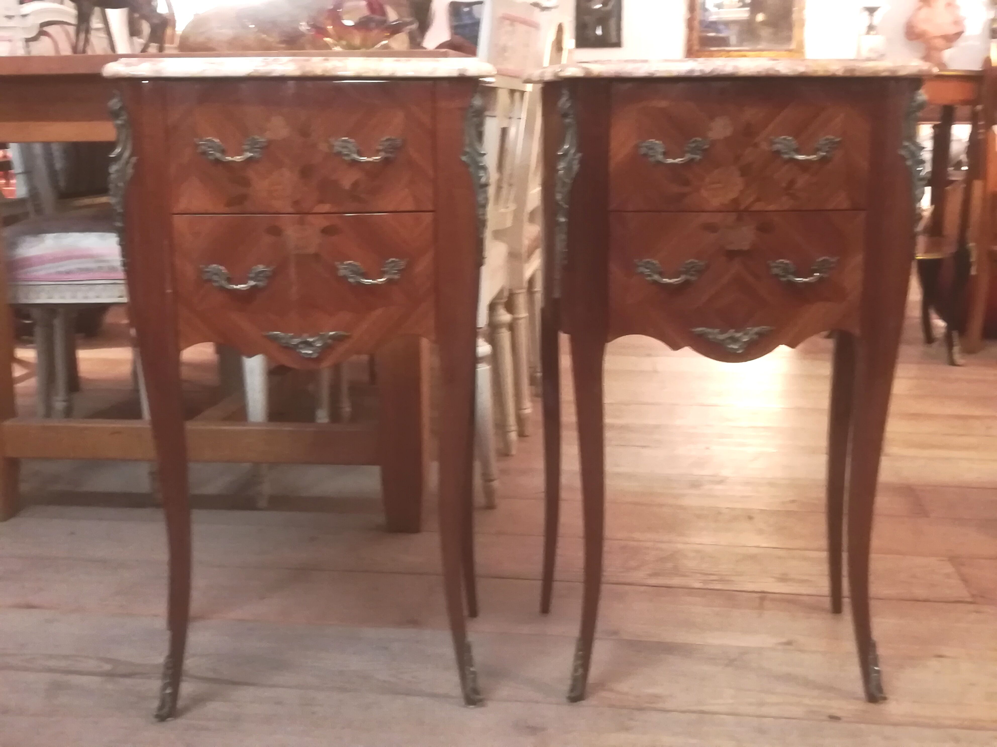 Pair of Louis XV style bedside tables in marquetry
