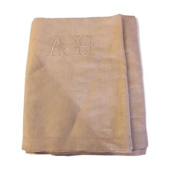 Drap de lin vintage 2 personnes monogrammé « AH »