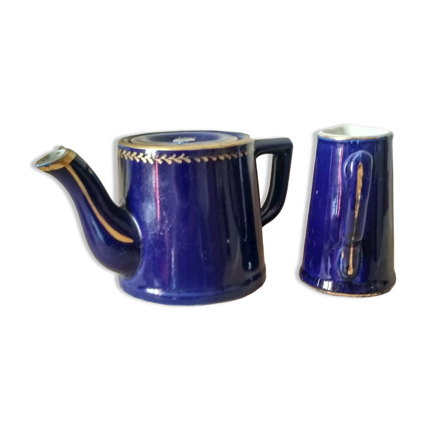 Small blue and gold teapot - milk pitcher - cobalt blue earthenware 1930