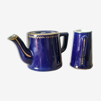Small blue and gold teapot - milk pitcher - cobalt blue earthenware 1930