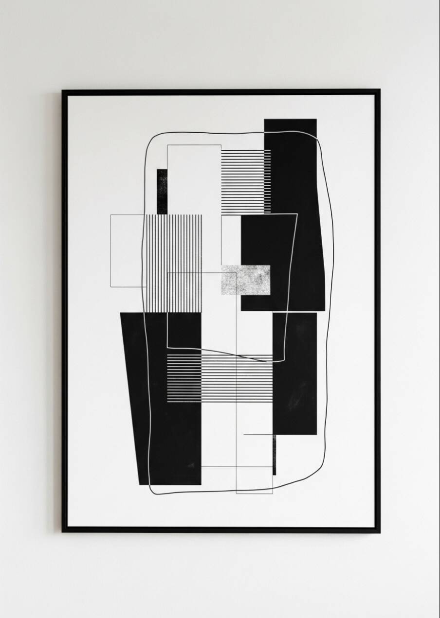 Black and White Abstract Art Mural – Modern Geometric Illustration
