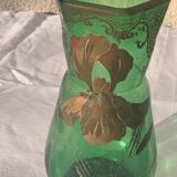 Paire de vases aux iris dore verre transparent vert et iris peint a la main art nouveau, collector