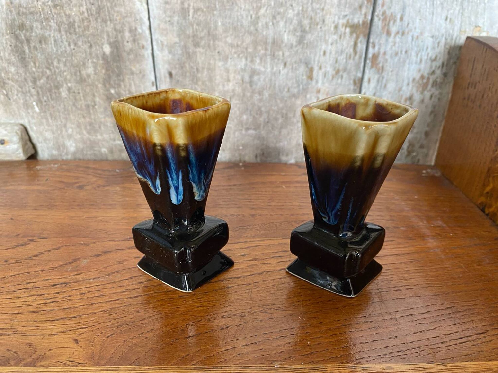 Pair of art deco flamed ceramic vases in black & beige vintage