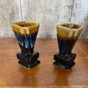 Pair of art deco flamed ceramic vases in black & beige vintage