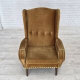 1970s, Danish high back armchair, furniture velour, oak wood legs.
