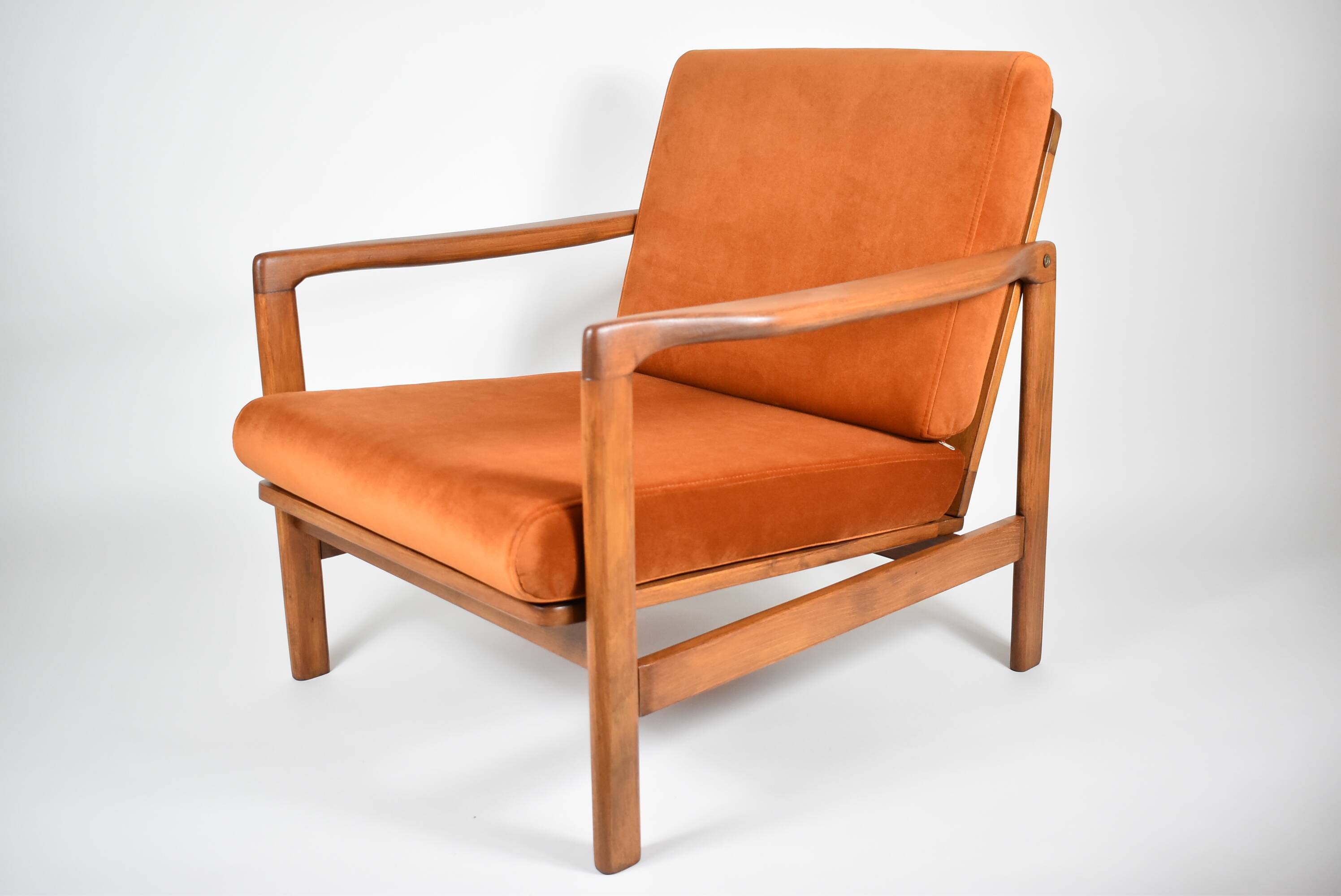 Fauteuil scandinave d'origine restauré, années 60, rouille, velours