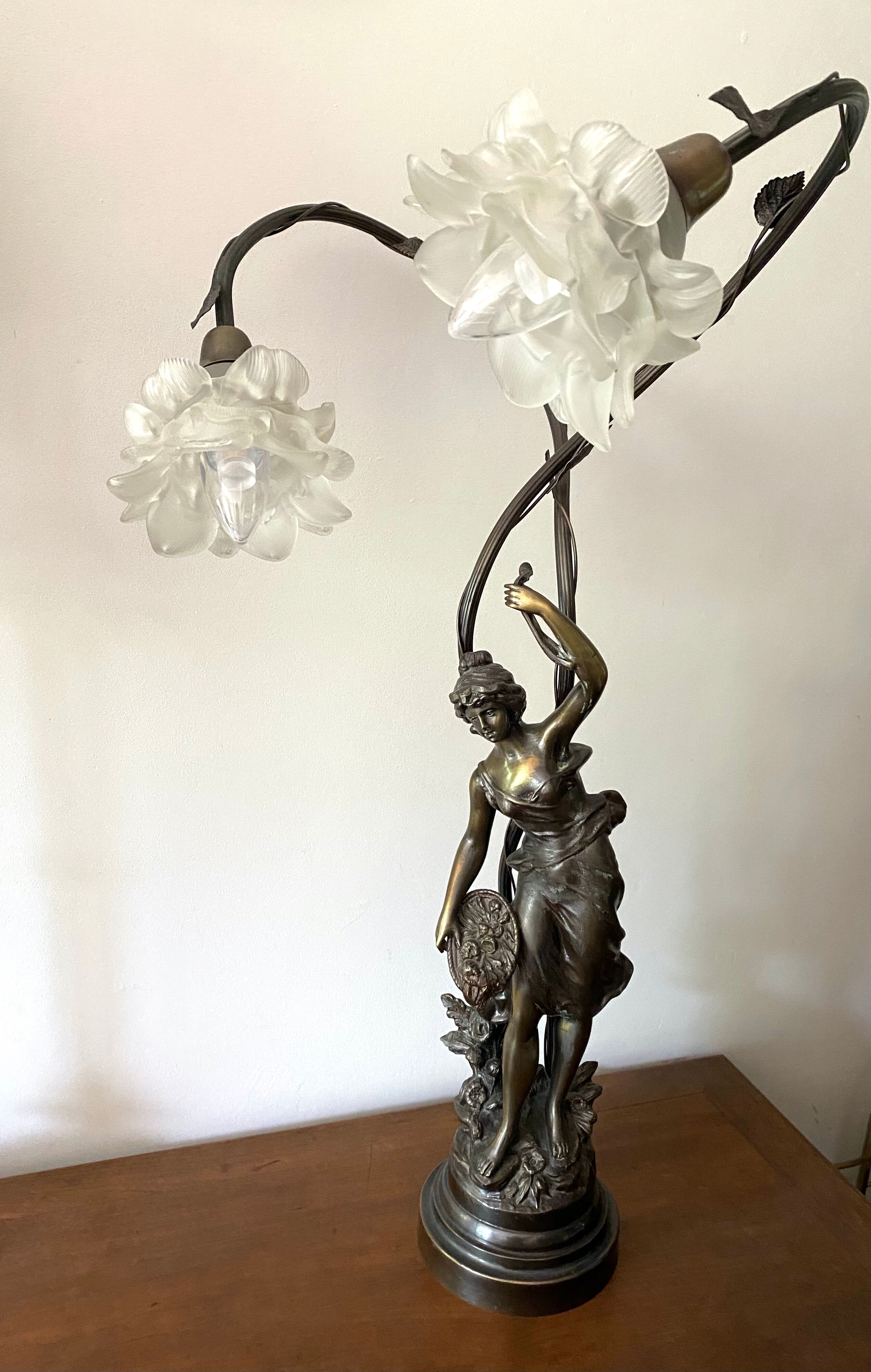 Bronze Lamp Style Art Nouveau Woman Sculpture After Auguste Moreau Selency 