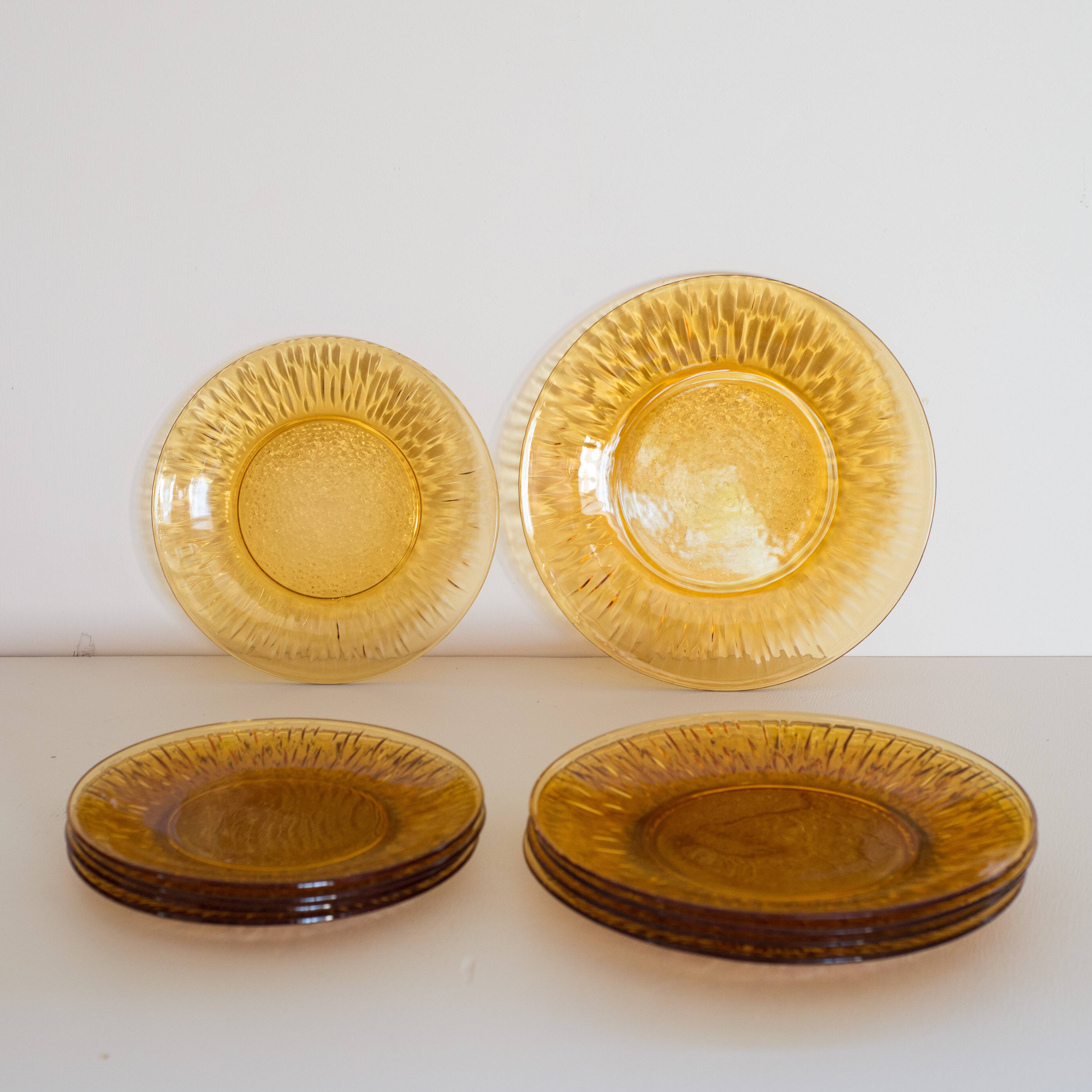 Set of 10 Vereco amber glass sunflower plates
