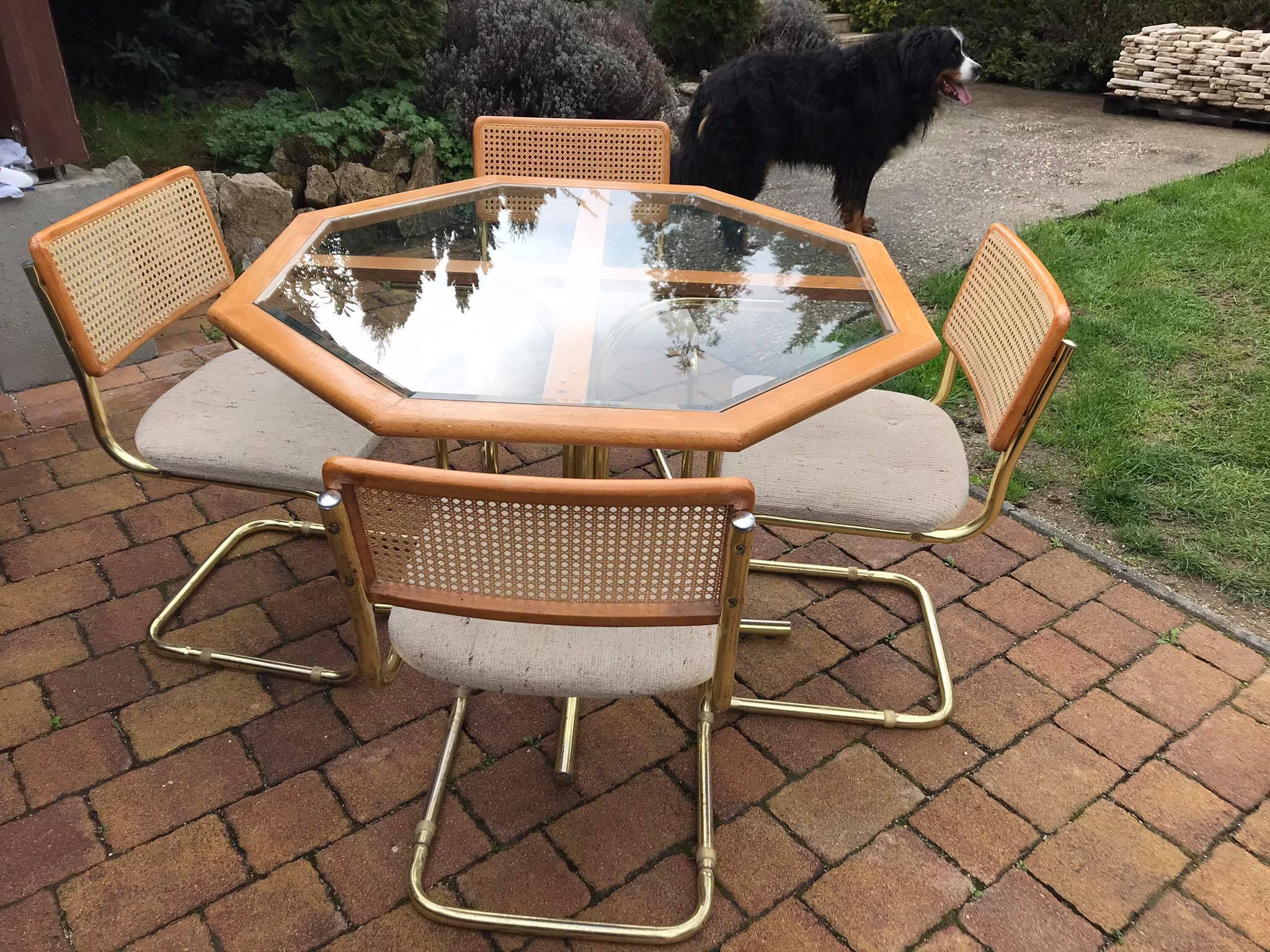 Octagonal brass and glass dining table with 4 chairs, 1960s