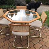 Octagonal brass and glass dining table with 4 chairs, 1960s