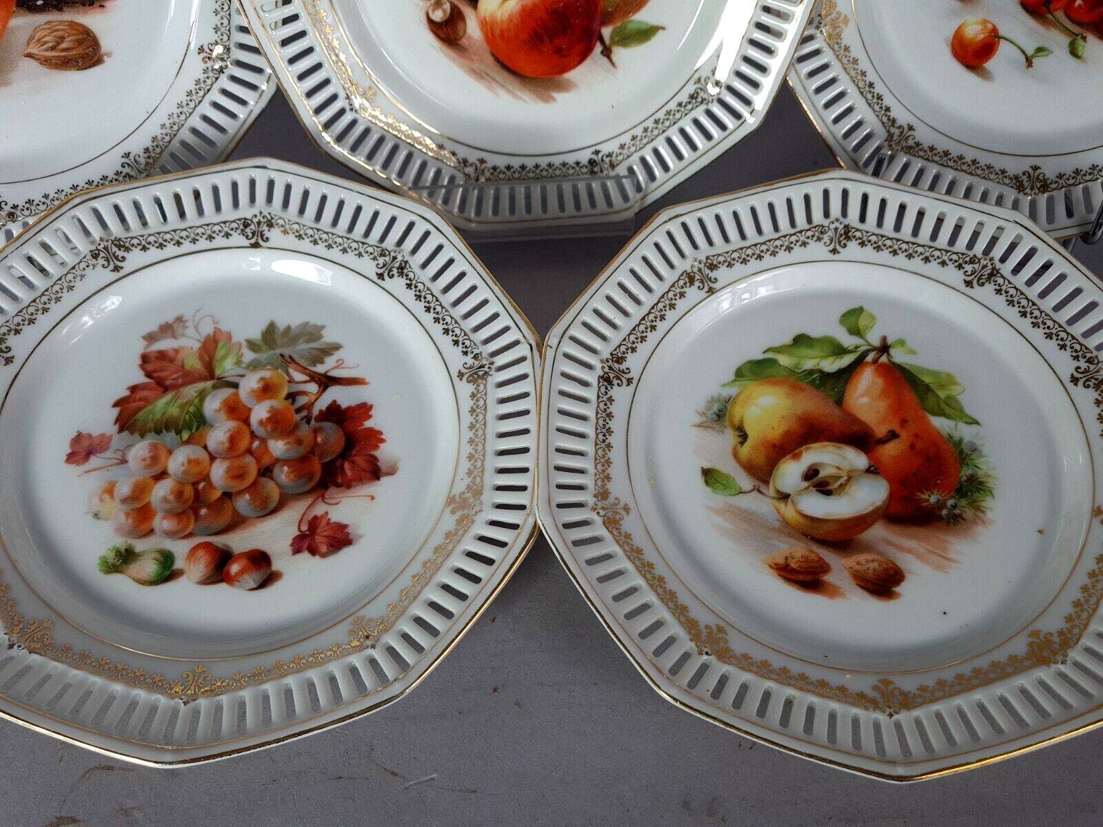 Set of 10 dessert plates & dish, openwork marli & fruits vintage 50s