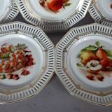 Set of 10 dessert plates & dish, openwork marli & fruits vintage 50s