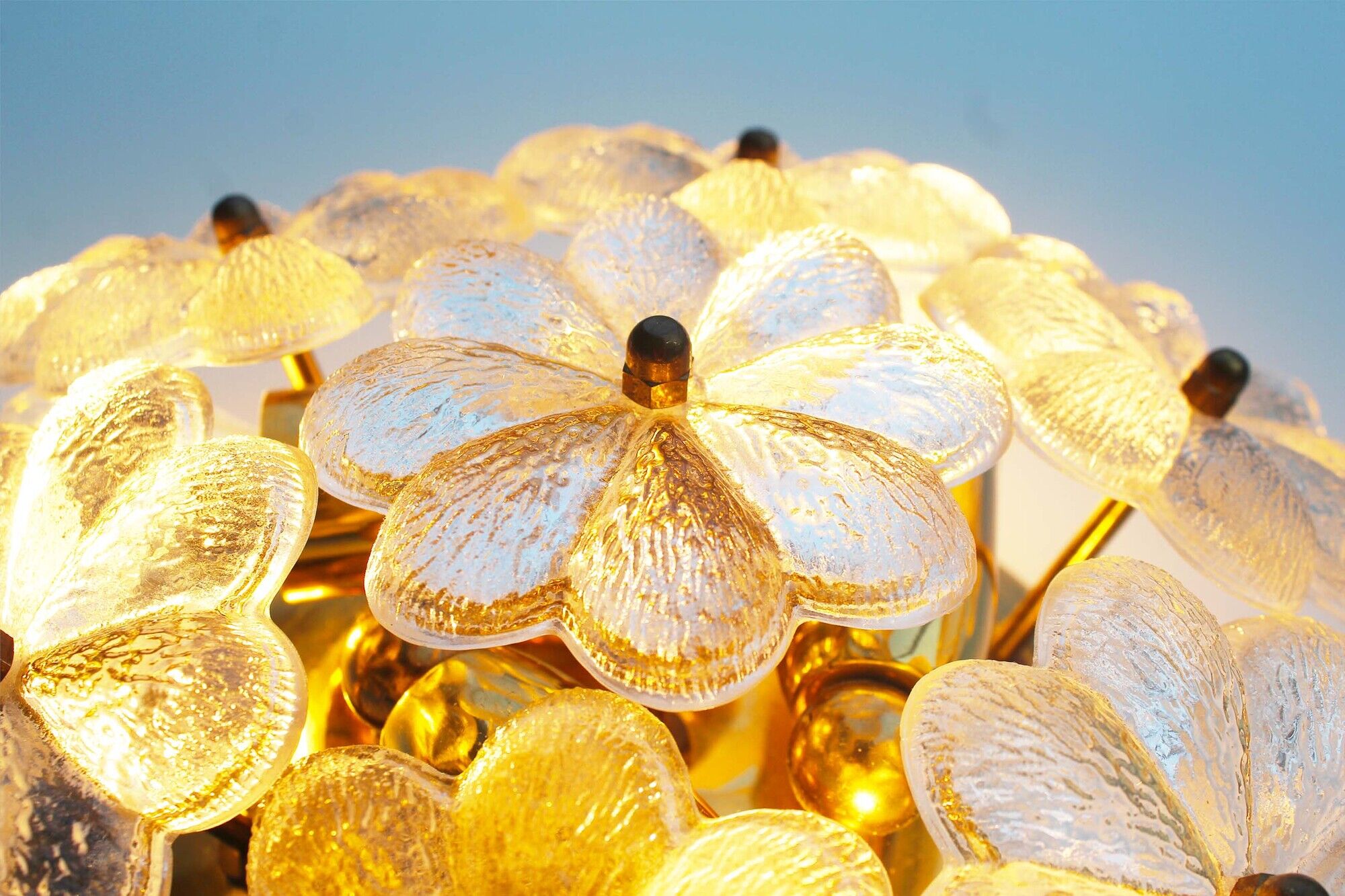 Petite brass and Murano glass flower flush mount light by E. Palme