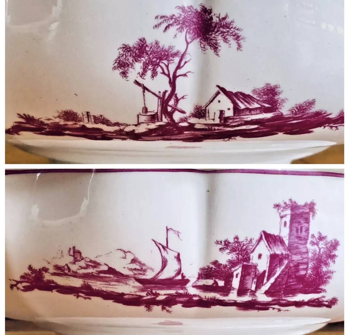 Old small Gien earthenware vegetable soup tureen, pink landscape model