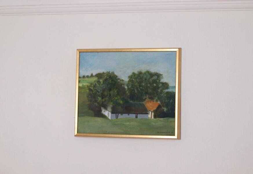 Original Swedish oil on canvas – “Landscape with Farm” by H. Engkvist – dated 1983 – vintage & framed – 41 × 50 cm (16.1" × 19.7")
