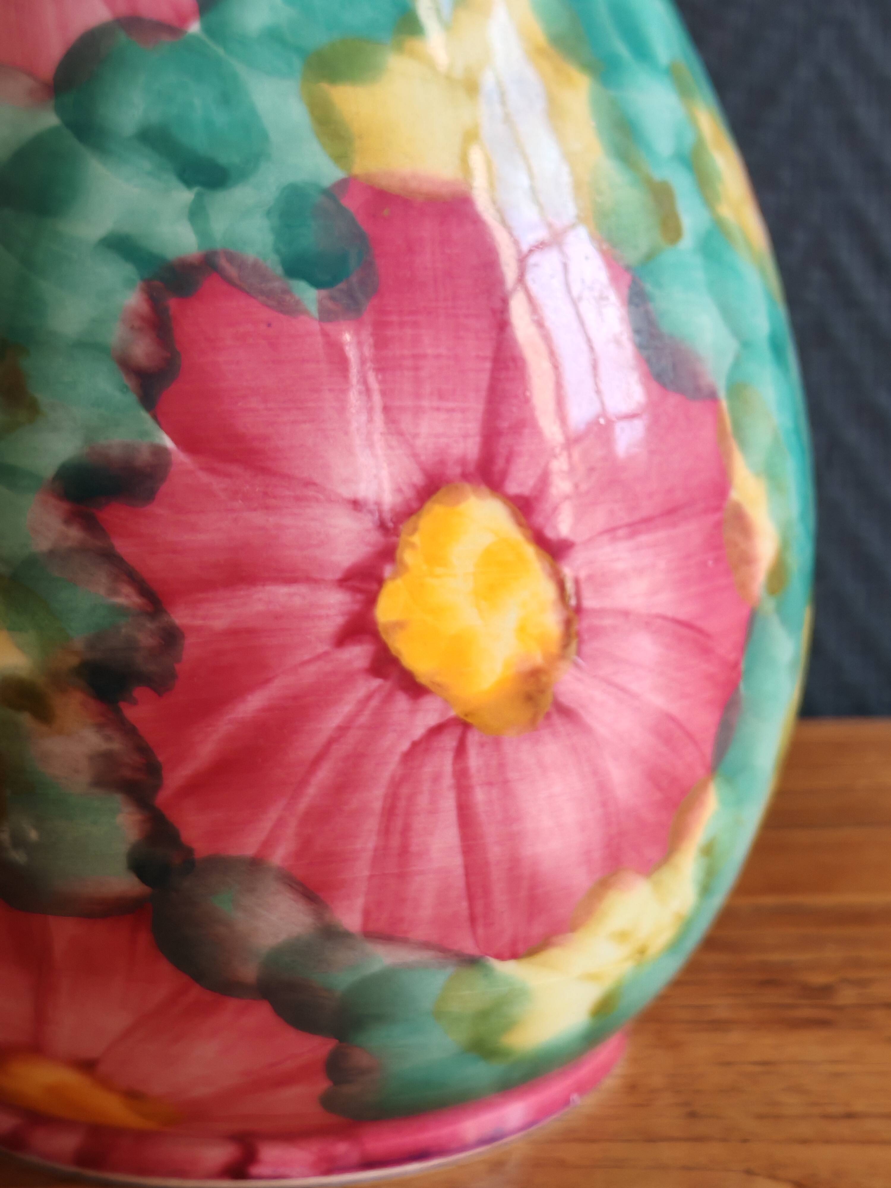 Vintage Floral Ceramic Vase - Large Barbotine Vase with Pink Flowers