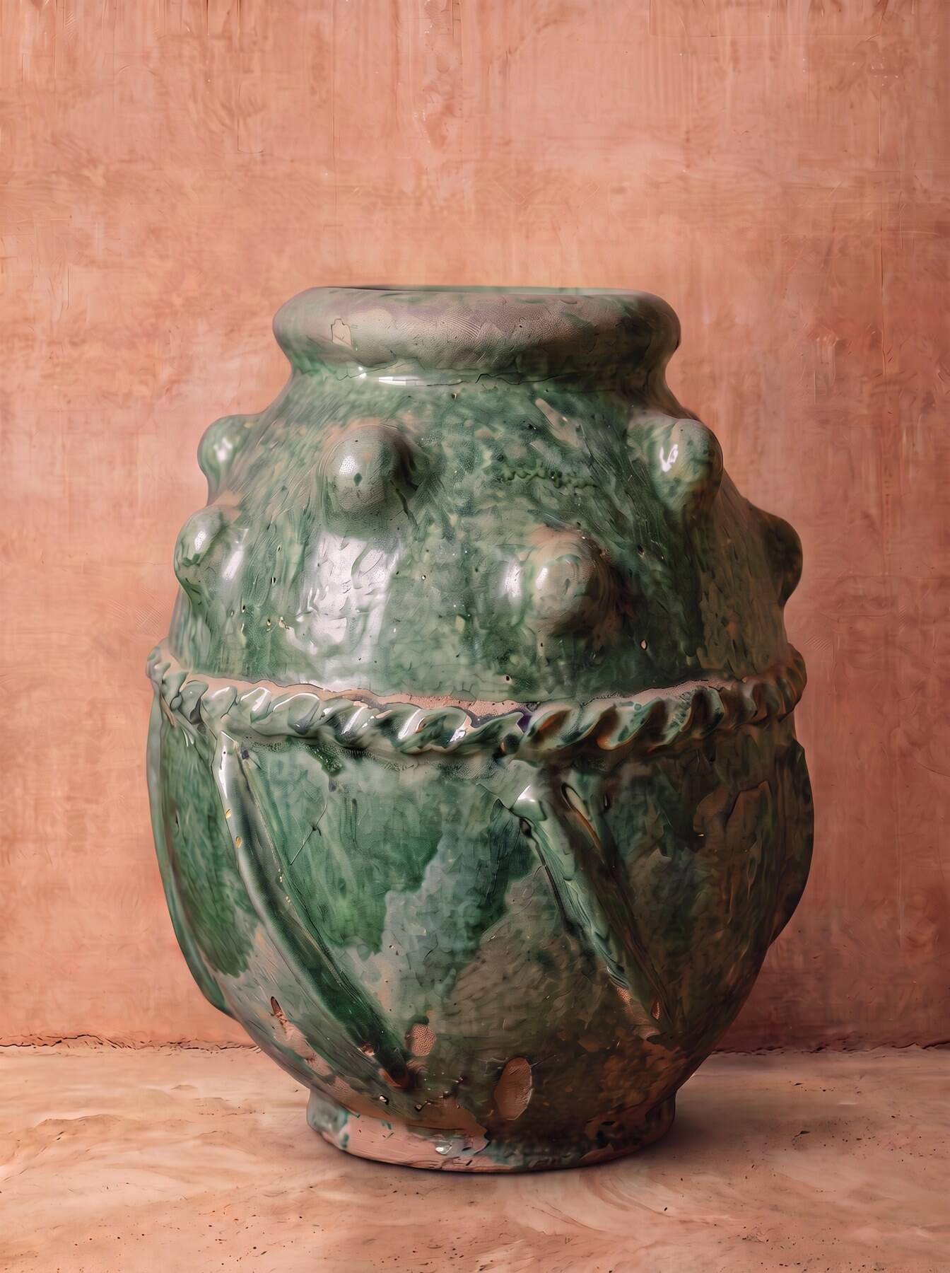 Glazed terracotta urn with protrusions and cordons.