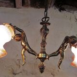 Lustre vintage français bronze 2 chérubins putti 2  signé Mathieu