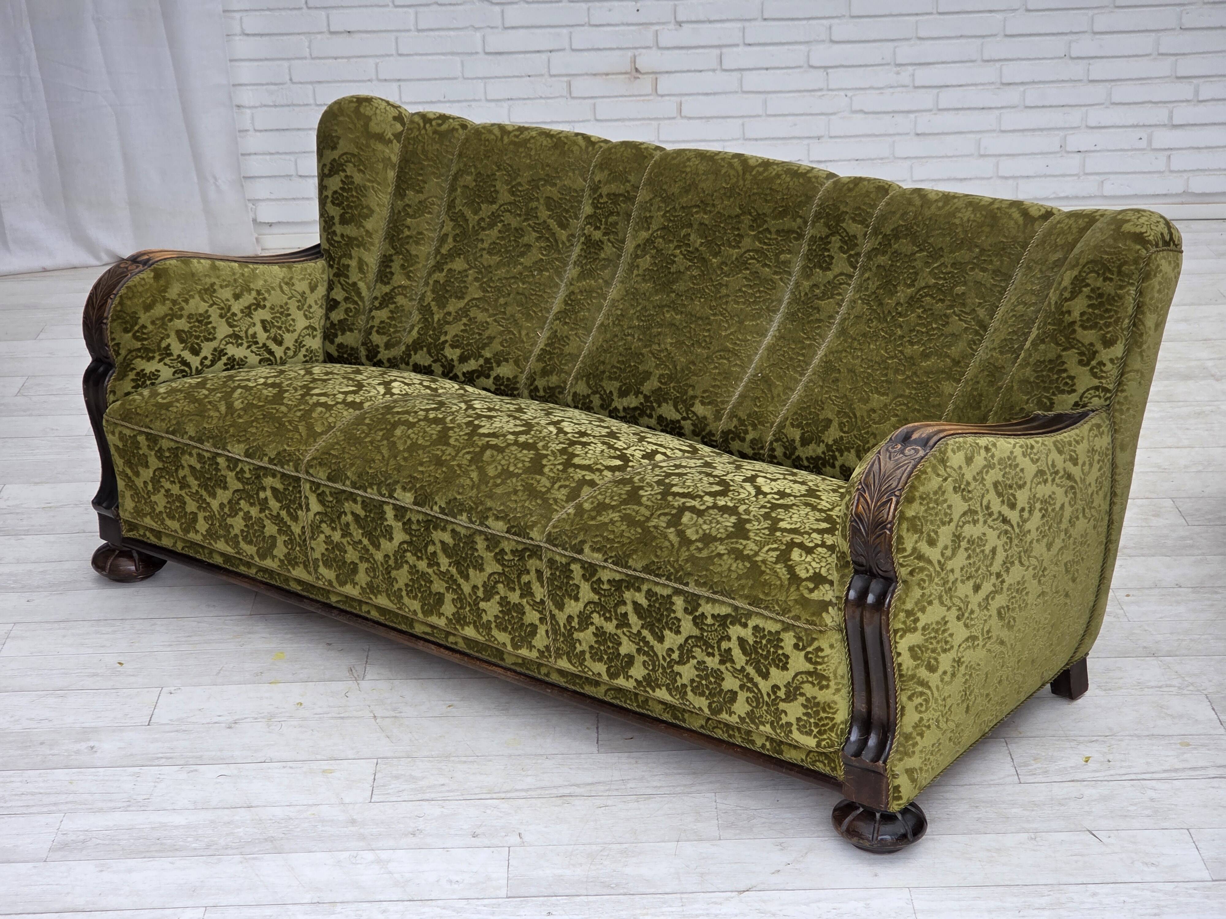 1960s, Danish 3-seater sofa, furniture velour, carved oak wood.
