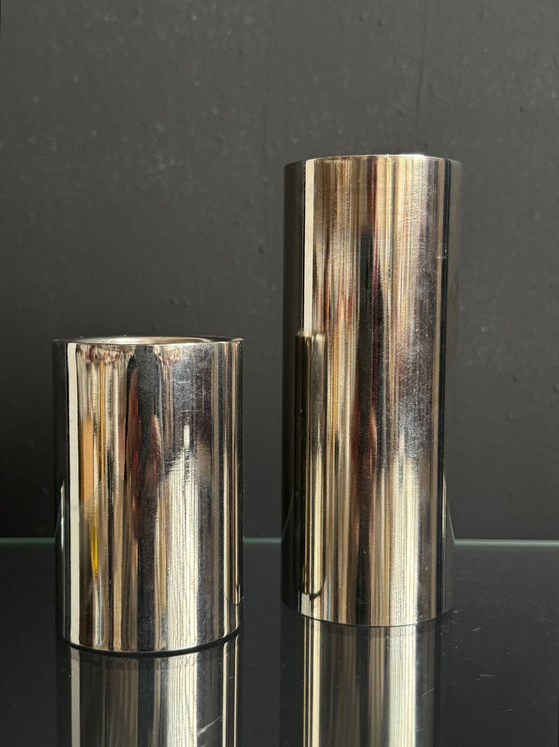 Chrome cylinder candlesticks from the 1980s