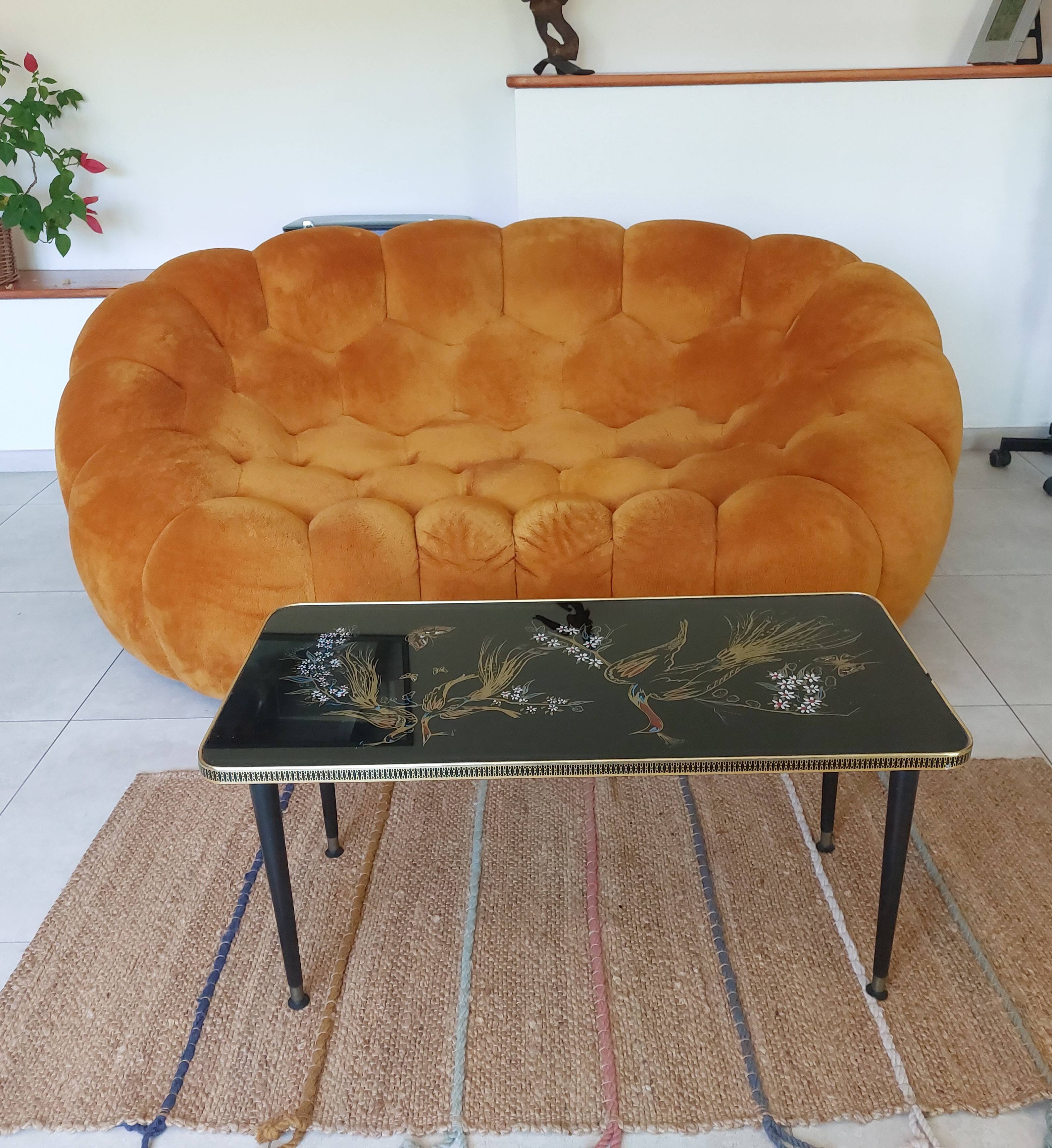 Japanese patterned coffee table, tapered legs and brass, vintage.