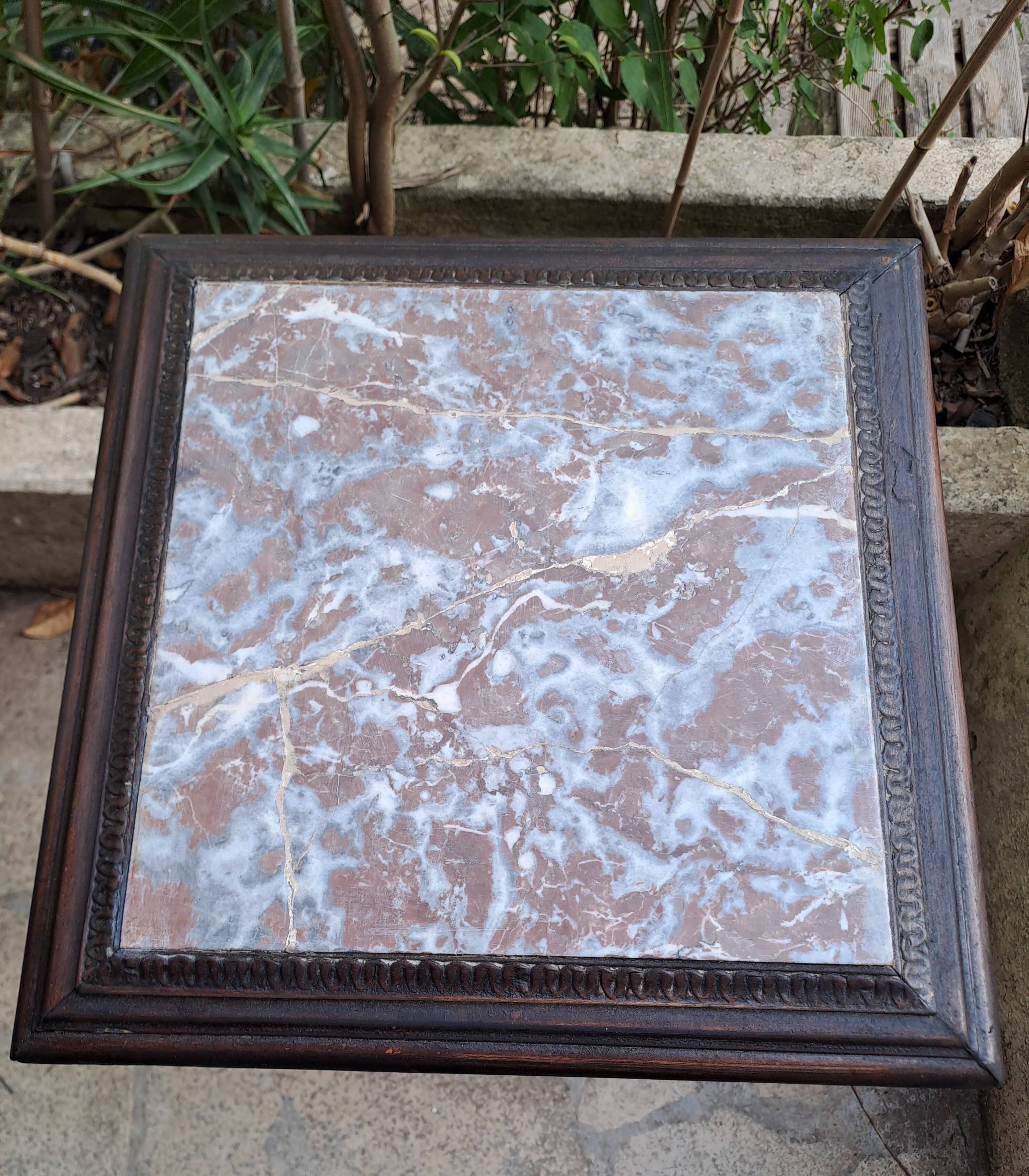 High art nouveau pedestal table brown wood varnished marble france 20's retro vintage decoration