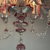 Venetian chandelier in colorless and red Murano glass, 5 light arms