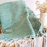 Plaid tissé main vert et lin à fines rayures - franges fines