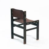 Vintage Brutalist Hide Leather and Wood with Rope Dining Chairs, Set of 2