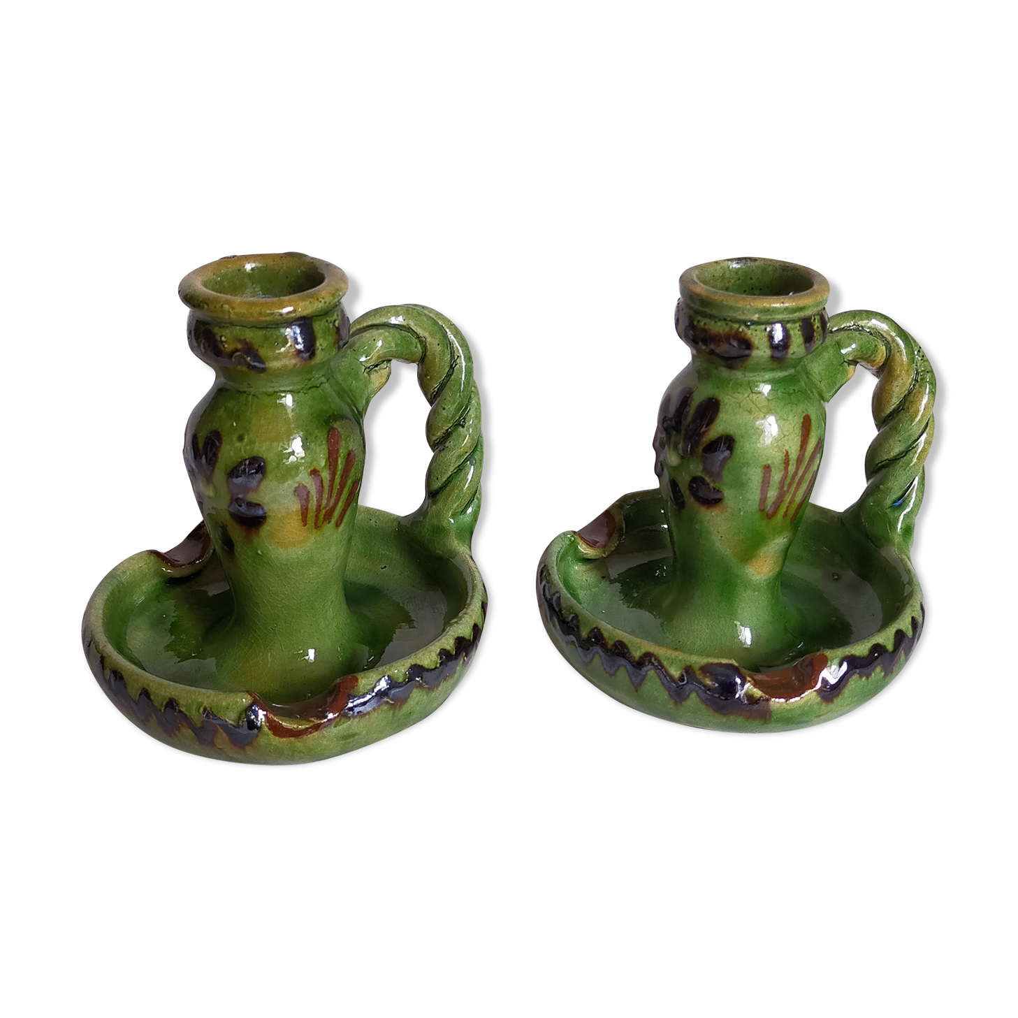 Duo of vintage potter's ceramic candle holders Regional Folk Art