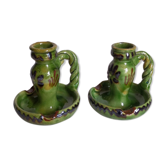 Duo of vintage potter's ceramic candle holders Regional Folk Art