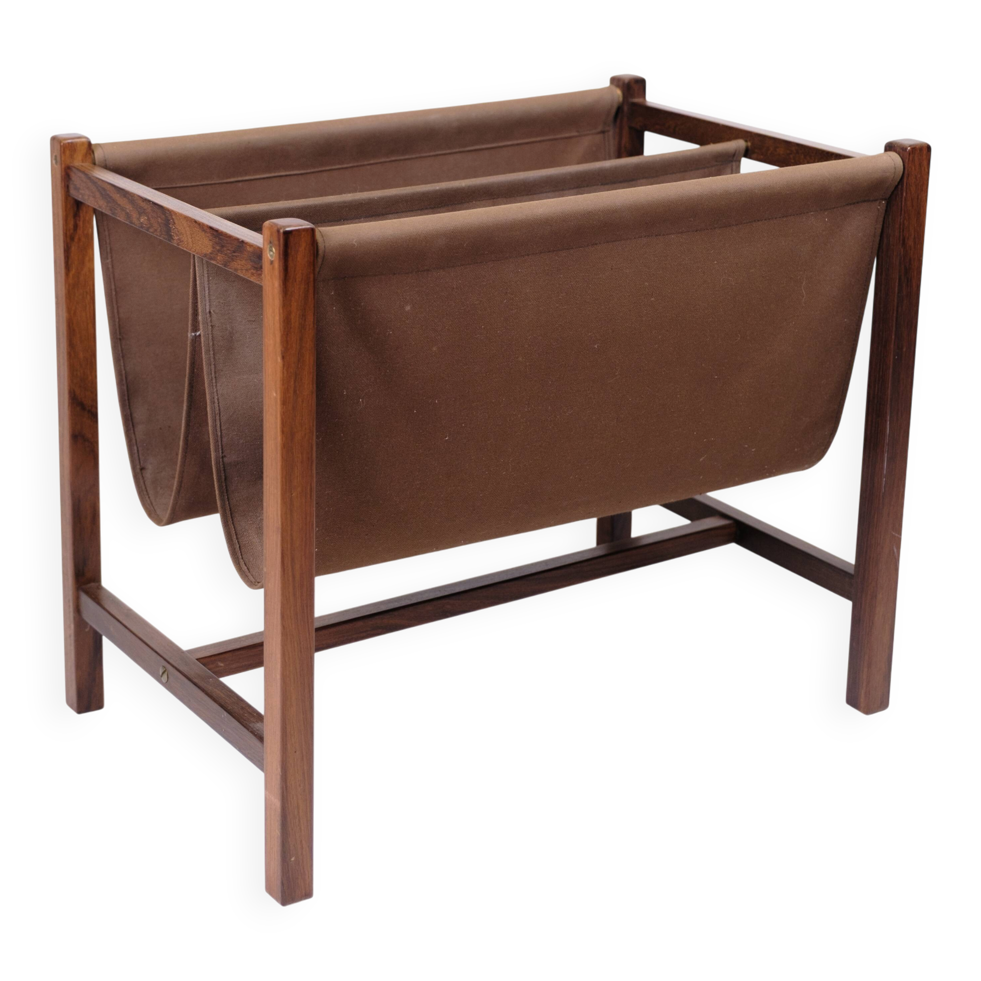 Newspaper/magazine holder - rosewood and brown canvas - Danish design - 1960s