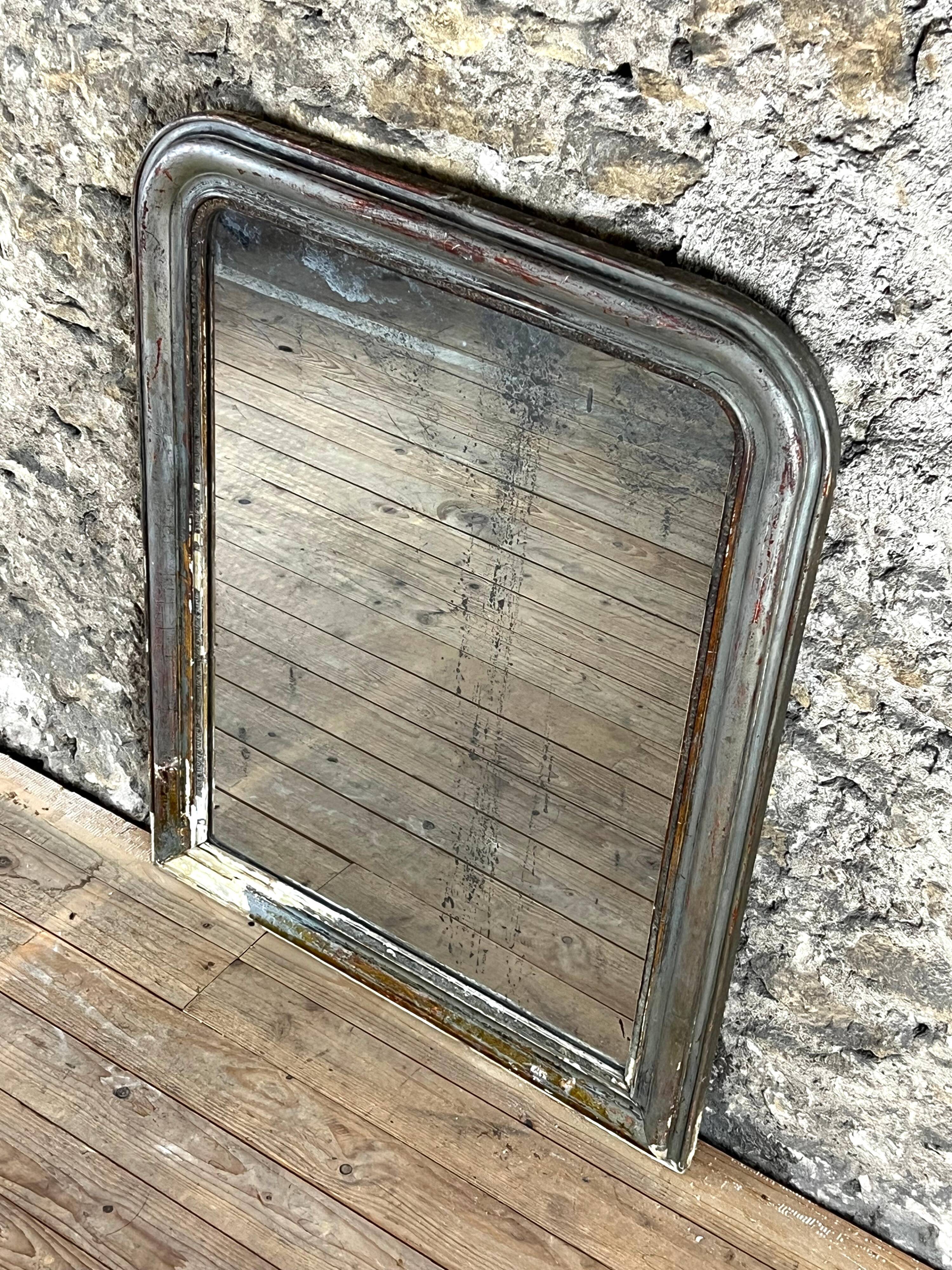 Antique Louis-Philippe Mirror, 19th Century, Shabby Silver Patina
