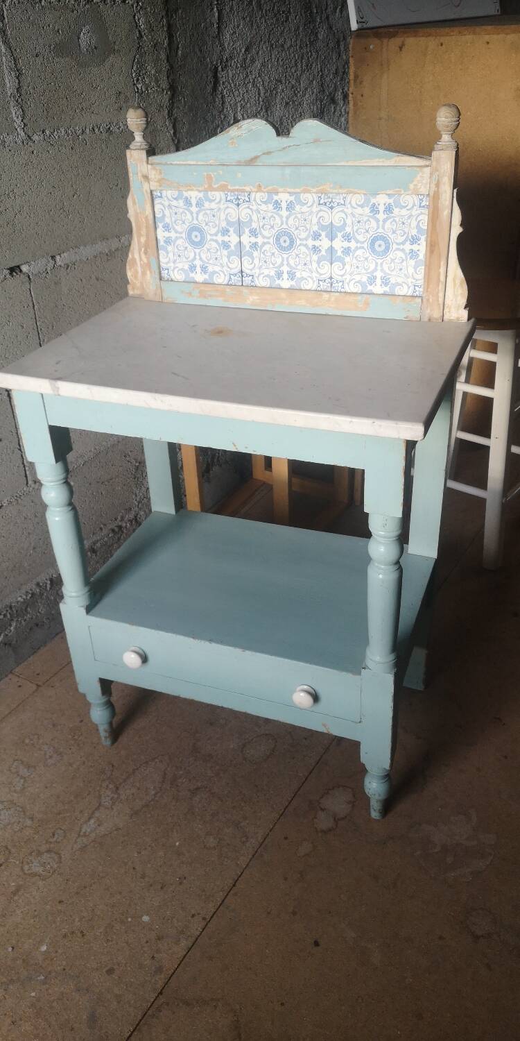 Shelf, sky blue patinated toilet console