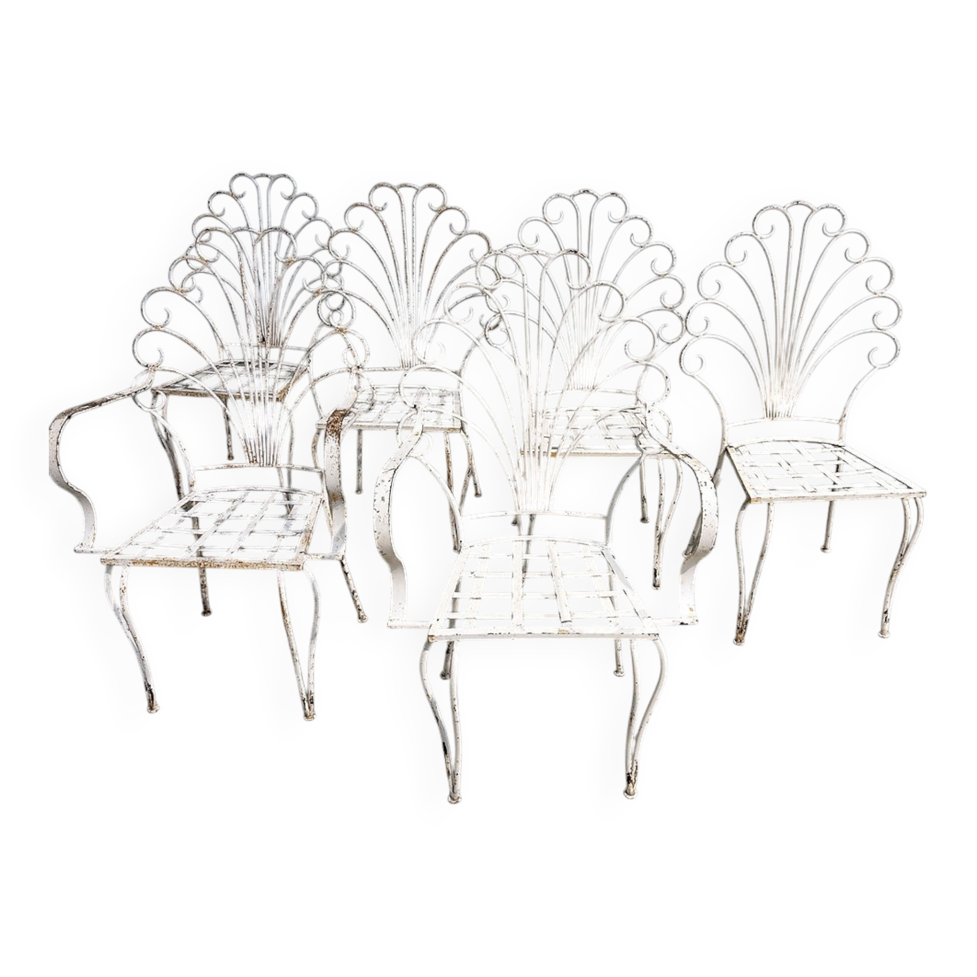 Rare exquisite set of six French peacock garden patio chairs, 1950s