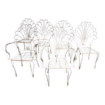 Six chaises de jardin patio en forme de paon françaises, années 1950.