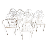 Rare exquisite set of six French peacock garden patio chairs, 1950s