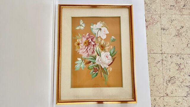 Vintage painting bouquet of peonies with butterflies 1890