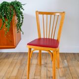 Baumann bistro chair in blond oak and red leatherette, 1950