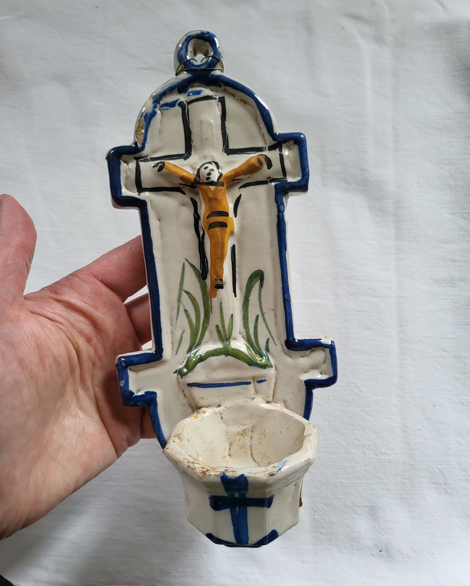Old Faience Baptismal Font Enamelled Cross