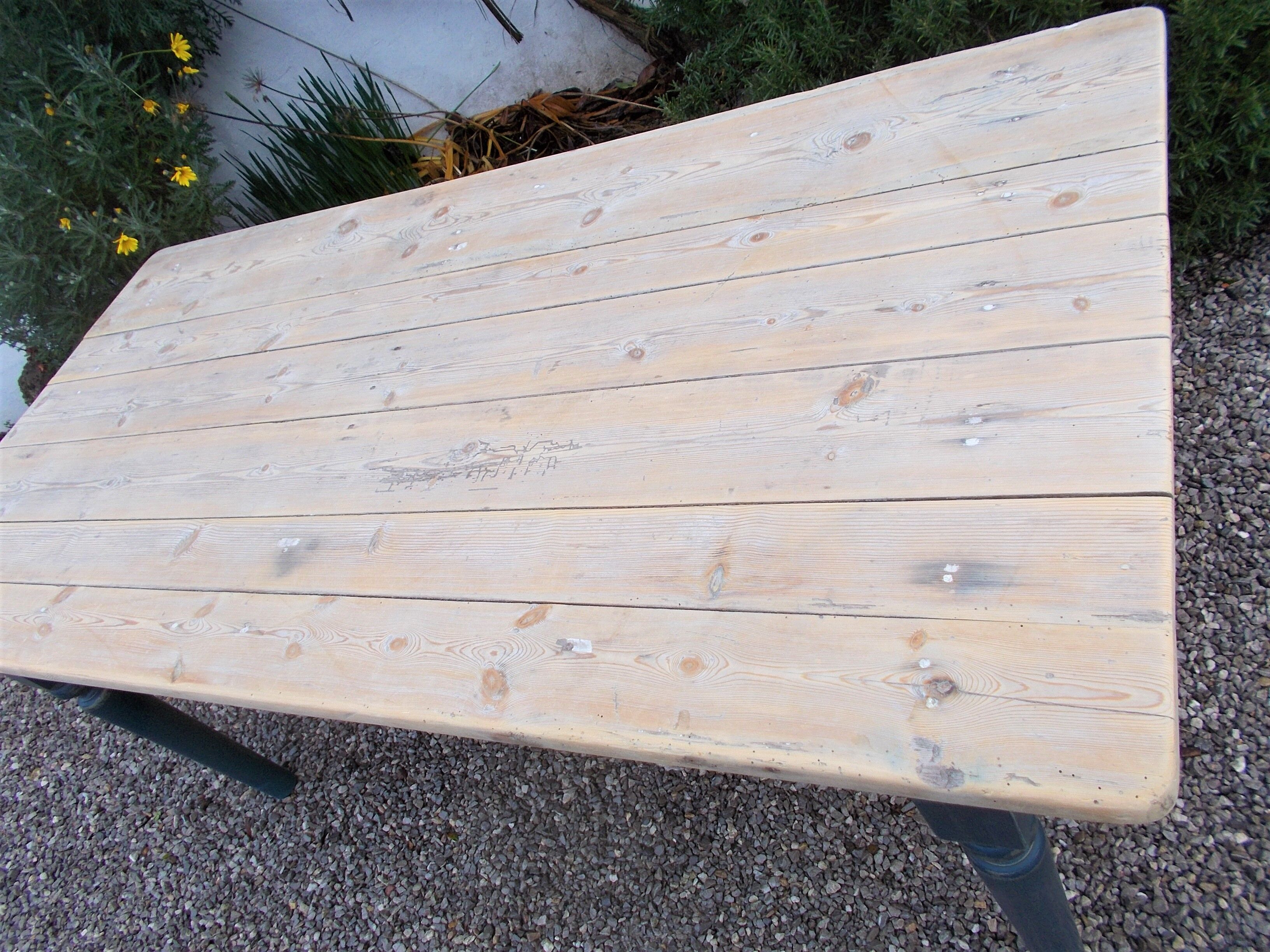 Antique kitchen table,19th c. French, pine, scrub top,blue painted legs